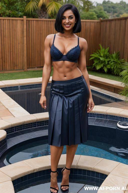indian, short hair, fit, abs, muscular arms, big ass, tall, long legs, navel piercing, navy blue bra, navy blue pleat skirt, looking at camera, full body, stiletto, hot tub - #main