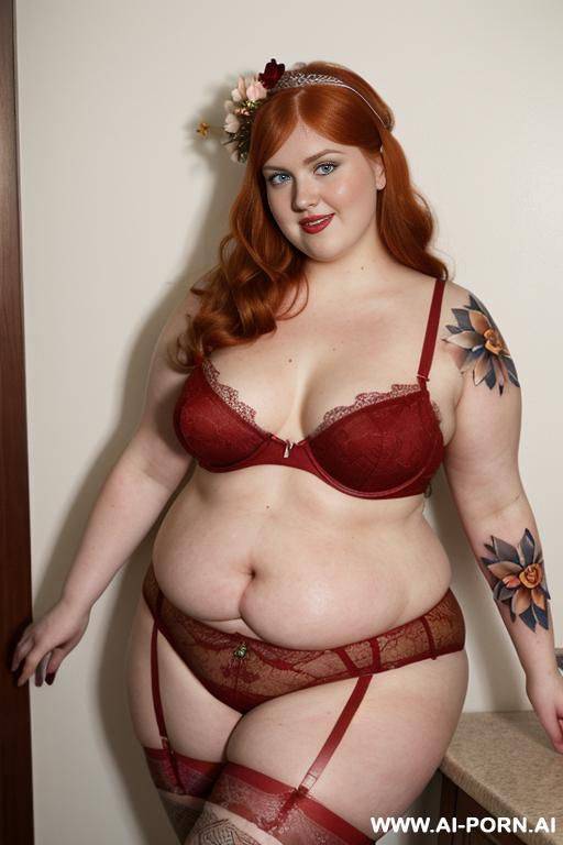 half-length photo, ((half body photo shot close up)). as a set in the laundry area, a (((very bbw obese))) fat chubby fat thick and bbw redhead british, ((she is modeling)). she has - #main