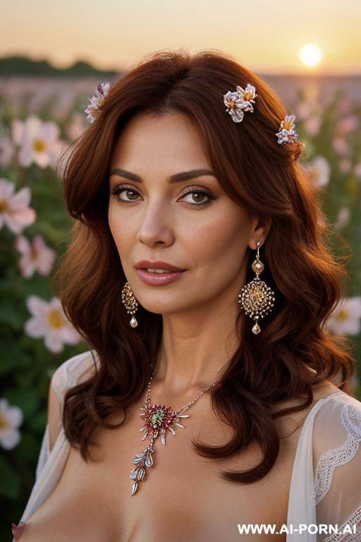 mature, milf, perfect hourglass figure, eye contact, keep the face, looking into camera, necklace, earrings, bracelets, wearing flowers, totally naked, wide naked hips - #main