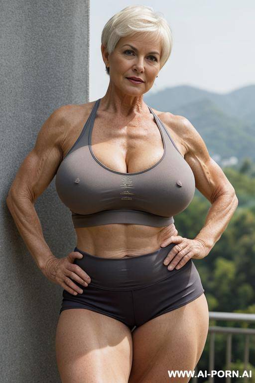 matured old milf, wrinkles, wrinkled skin, aging marks, bulked up thighs, tight sport shorts, tight shirt, extremely gigantic boobs - #main