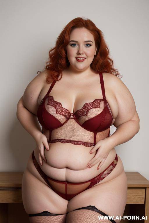 ((half body photo shot)), about at classroom, fat (((very obese))) bbw curvy teacher, with love handless, wearing a sexy and hot red ((half body fishnet lingerie)), she is modeling - #main