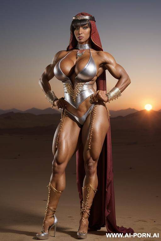 busty black muscular woman toned with gigantic breast implants. silver tall lace high heels. (big bell shaped boobs). silver choker, earrings, ankle chain, thigh chain. oiled. punk hairstyle. no bra. - #main