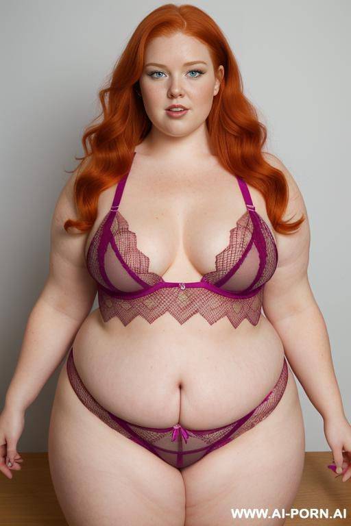 ((half body photo shot)), about at classroom, fat (((very obese redhead))) bbw curvy teacher, ((with love handless)), wearing a sexy and hot pink ((half body fishnet lingerie)), she is modeling - #main