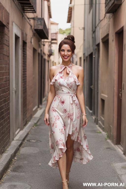 eye contact, very real, very long hair, white skin , hourglass voluptuous lady, light background, mild lipstick, pink floral print pleated a-line tie-strap vacation dress with ruffle hem, halter - #main