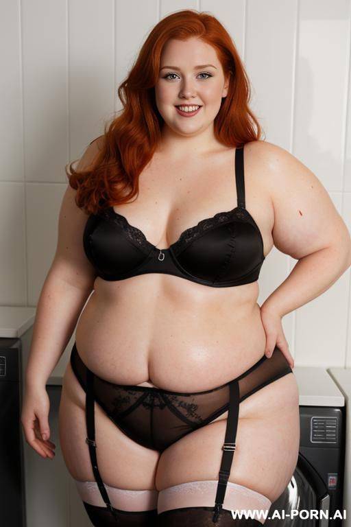 half-length photo, as a setting in the laundry area, a ((obese)) fat chubby fat thick and bbw redhead british, she is washing clothes and is soaked in foamy water. she has lovehandless and - #main