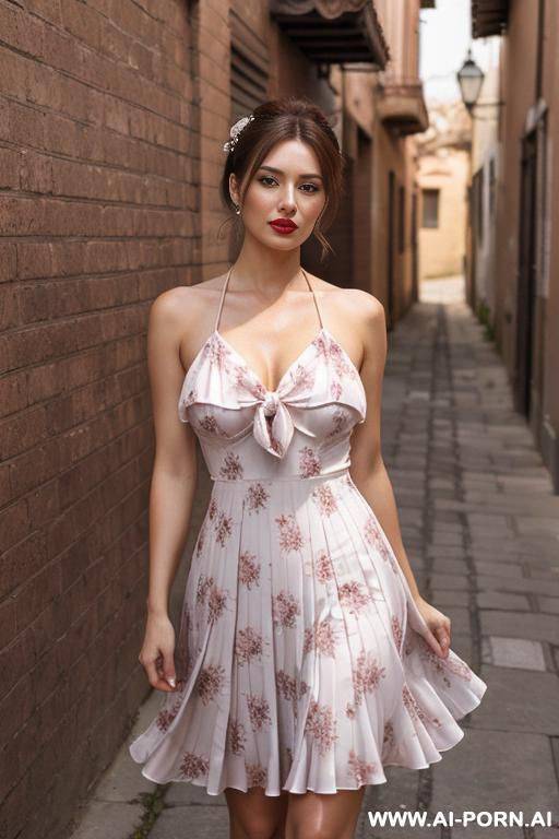 eye contact, very real, very long hair, white skin , hourglass voluptuous lady, light background, mild lipstick, pink floral print pleated a-line tie-strap short dress with ruffle hem, halter bowknot, elegant design sexy casual dress - #main
