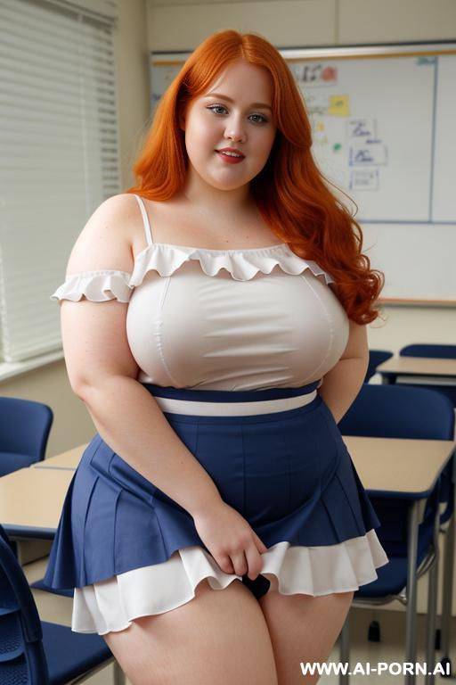 close up full body photo shot, about at classroom, redhead ((obese)) chubby fat bbw curvy teacher, wearing a sexy and hot ((micro ruffle skirt)) and elegant top, teaching to the classroom. - #main