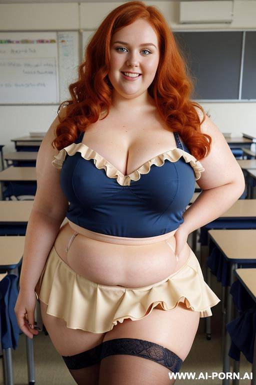close up half body photo shot, about at classroom, redhead ((obese)) chubby fat bbw curvy teacher, wearing a sexy and hot ((micro ruffle skirt)) and elegant garter belt top, teaching to the classroom. - #main