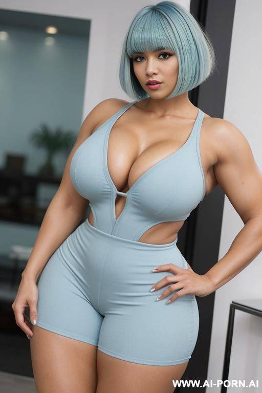 bob with bangs haircut, light blue hair, beautiful atractive hispanic woman, huge bulked up thighs, gigantic thighs, strong legs, massive thighs - #main