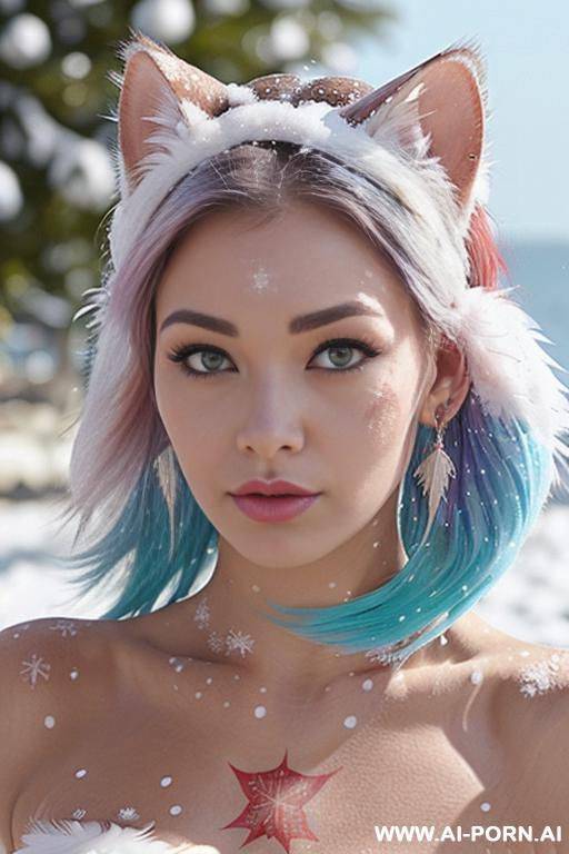 face, sexy, beautiful, ((face painting)), ((bikini as seashell)), ((tattoo roses)), ((eyes shw)), ((angel wings)), ((rainbow hair)), ((long bu hair)), ((wind)), (( cat face)), (( cat ears)), (((feather - #main