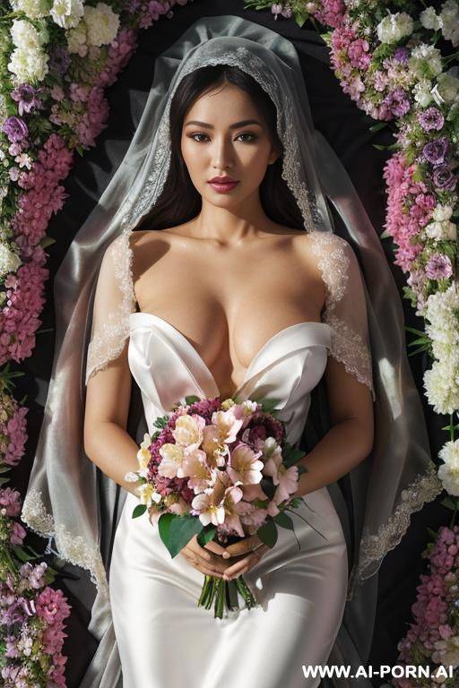 photorealistic, a uzbek woman lying among flowers, her gaze deep and mysterious. petals caress her skin as she holds a blossom near her lips. shws and soft light enhance her allure, veiling her in an air of secrecy. - #main