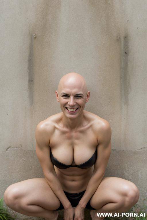0s tough english skin-head-woman, bald with long bangs in front, squatting at wall grinning - #main