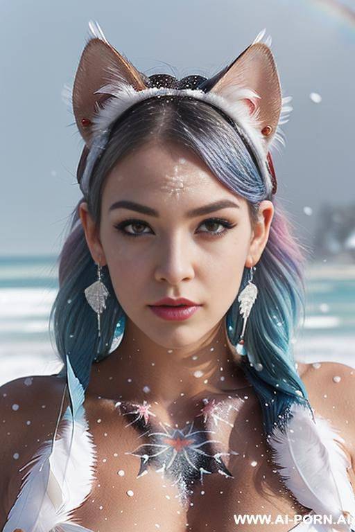face, sexy, beautiful, ((face painting)), ((bikini as seashell)), ((tattoo roses)), ((eyes shw)), ((angel wings)), ((rainbow hair)), ((long bu hair)), ((wind)), (( cat face)), (( cat ears)), (((feather - #main