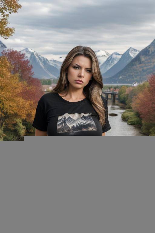 ((brunette with blonde highlights)) ((saggy boobs)) ((standing on bridge over river)) ((lake with houses, trees, and mountains in background)) ((wearing jeans and black t-shirt)) ((looking angry)) - #main