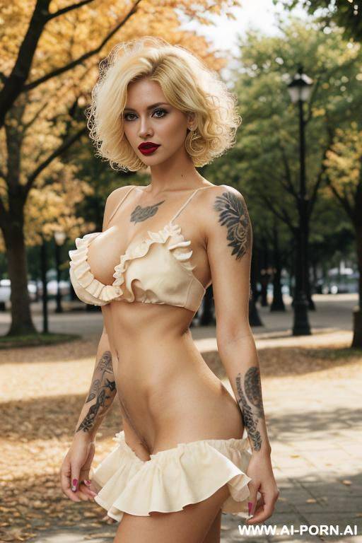 nude woman with beautiful hair in beautiful ruffled dress, dard lipstick, (trimmed hairy pussy), short hair pussy, tattoos - #main