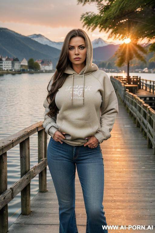 ((brunette with blonde highlights)) ((saggy boobs)) ((wearing jeans and sweatshirt)) ((standing on boardwalk by lake)) ((trees, austrian houses, mountains, and sunset in background)) ((looking angry)) - #main