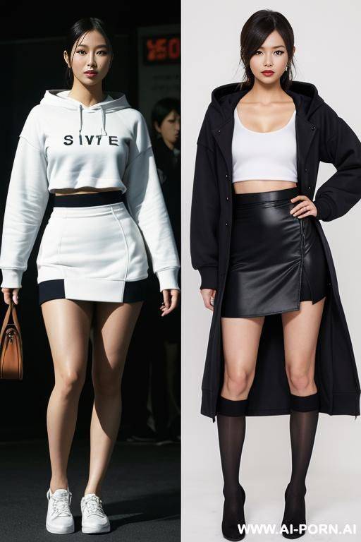 k-pop idol, waist, hour glass figure, round firm breast, faces, high definition, hour glass shaped body, multiple women, two women, woman one on the left, woman two on the right, split screen - #main