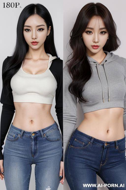 jav, waist, hour glass figure, round firm breast, faces, high definition, hour glass shaped body, multiple women, two women, woman one on the left, woman two on the right, detailed faces, beautiful faces, waist high jeans, crop hoodie, short hoodie, - #main