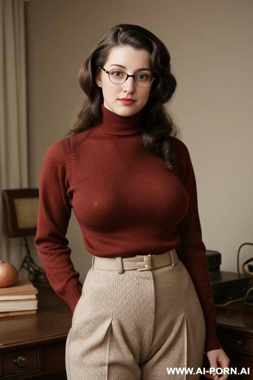 170s style. 172. 170s nerd 18 years old. big natural breasts. vintage, retro. cutie babe face. turtleneck sweater. normal body, busty. american. trousers. simpleton. slutty. - #main