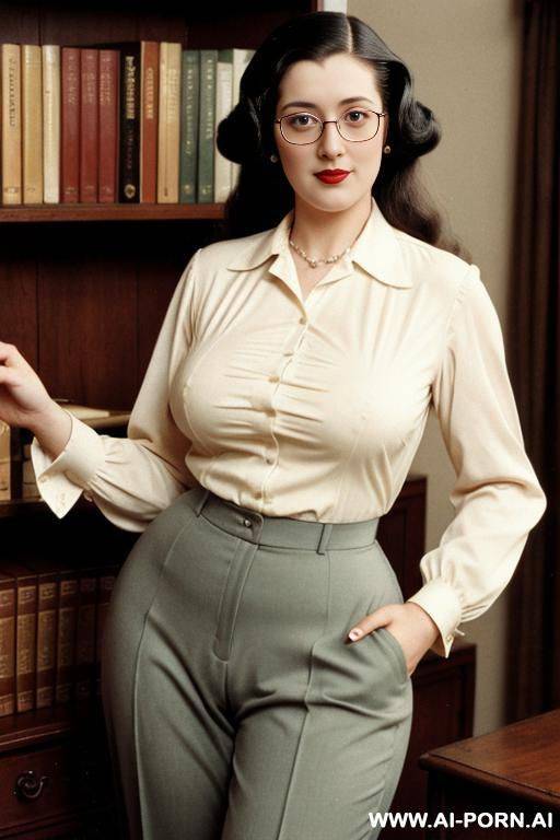 170s. 172. 170s style. vintage, retro. 23 years old. secretary woman. shirt and trousers. busty, thick, normal body. big natural breasts. slutty. nerd. american. - #main