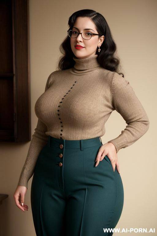 170s style. 172. 170s nerd 1. huge natural breasts. vintage, retro. cutie babe face. turtleneck sweater. curvy, busty. american. trousers. simpleton. - #main