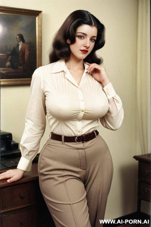 170s. 172. 170s style. vintage, retro. 23 years old. secretary woman. shirt and trousers. busty, thick, normal body. huge natural breasts. slutty. american. - #main