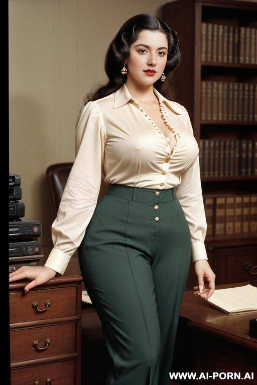 170s. 172. 170s style. vintage, retro. 23 years old. secretary woman. shirt and trousers. busty, thick, curvy. huge natural breasts. slutty. american. - #main