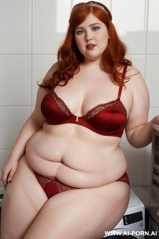 half-length photo, ((half body photo shot close up)). as a set in the laundry area, a (((very obese))) fat chubby fat thick and bbw redhead british, ((she is washing clothes)). she has - #main