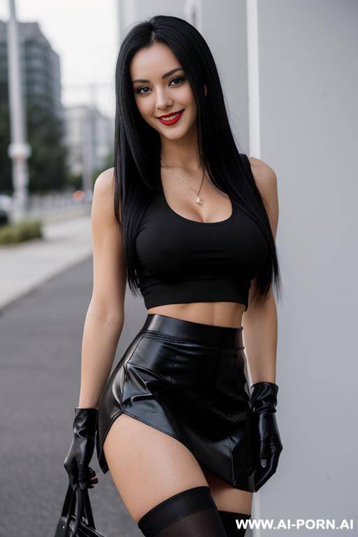 long straight black hair, 20 year old, tight bulging white crop top, seductive teasing dominating look, almost smiling, black lifted skirt, black pantyhose, black gloves, huge boobs - #main