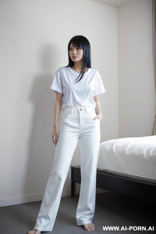 japanese woman, 2, black hair, straight hair, white t-shirt, blue pants, bedroom, standing, medium shot - #main