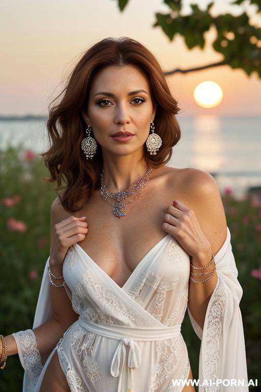 mature, milf, perfect hourglass figure, eye contact, looking into camera, necklace, earrings, bracelets, wearing flowers, totally naked, full h - #main