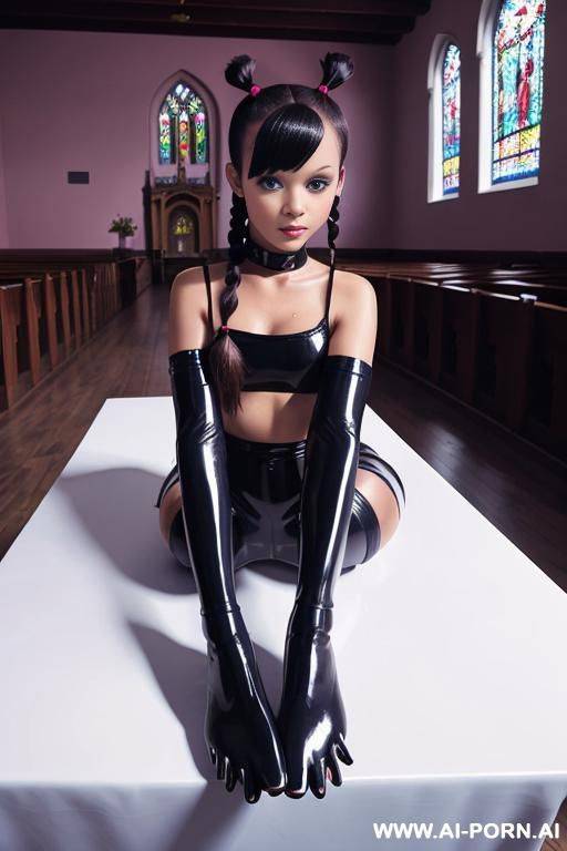 latex leggings, thigh high boots, stiletto heels, laying down on table - #main