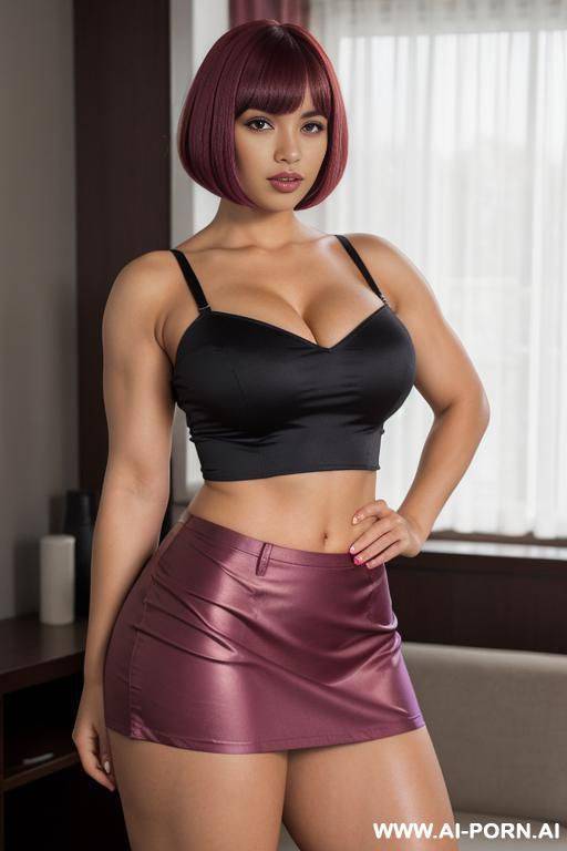 bob with bangs haircut, light red hair, beautiful atractive latin woman, huge bulked up thighs, gigantic thighs, strong legs, massive thighs - #main