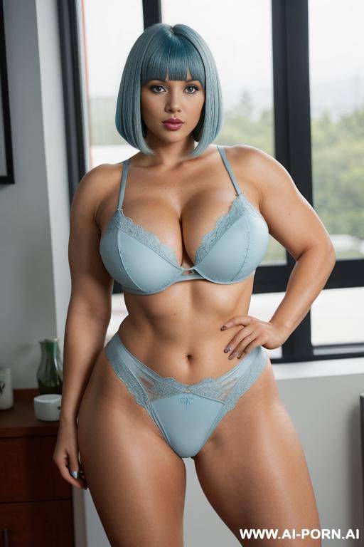 bob with bangs haircut, light blue hair, beautiful atractive latin woman, huge bulked up thighs, gigantic thighs, strong legs, massive thighs - #main