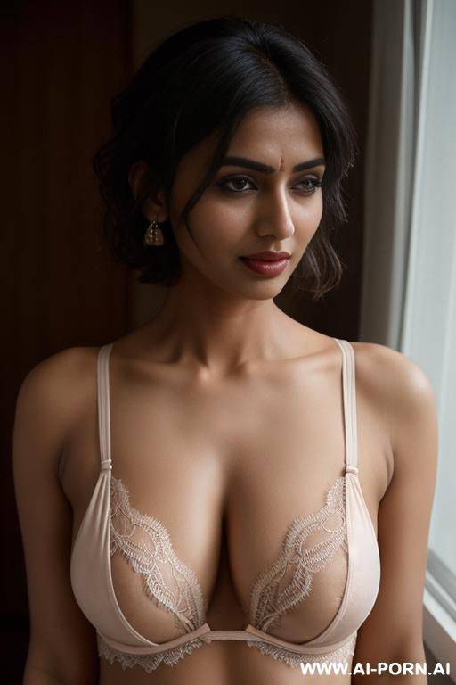 indian woman, broad shoulders, short messy hair, naked, lace onesie lingerie - #main