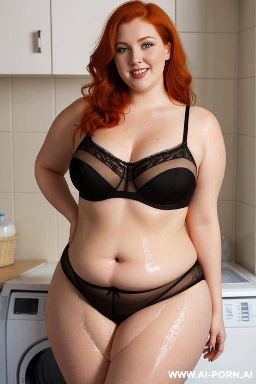 half-length photo, as a setting in the laundry area, a fat chubby fat thick and bbw redhead british, she is washing clothes and is soaked in foamy water. she has lovehandless and a soft - #main