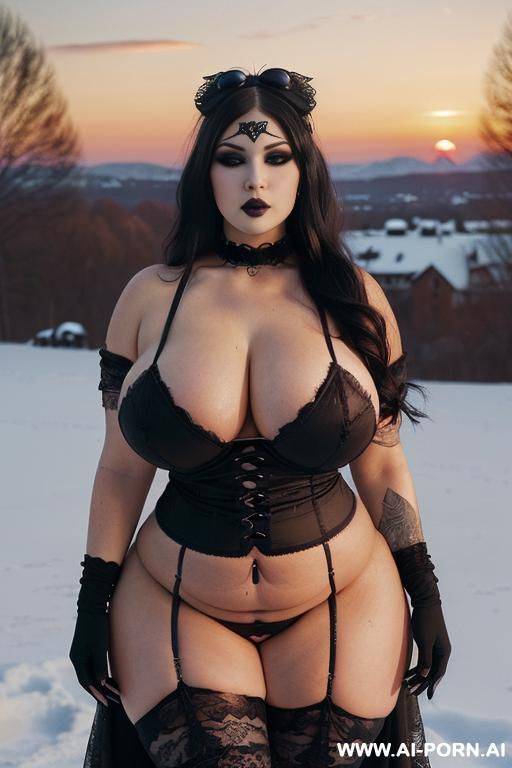 (((sexy bbw with enormous gigantic tits, beautiful chubby face, extremely large wide hips at winter sunset outdoor, slutty eyes and makeup, full of desire, creative gothic style))) - #main