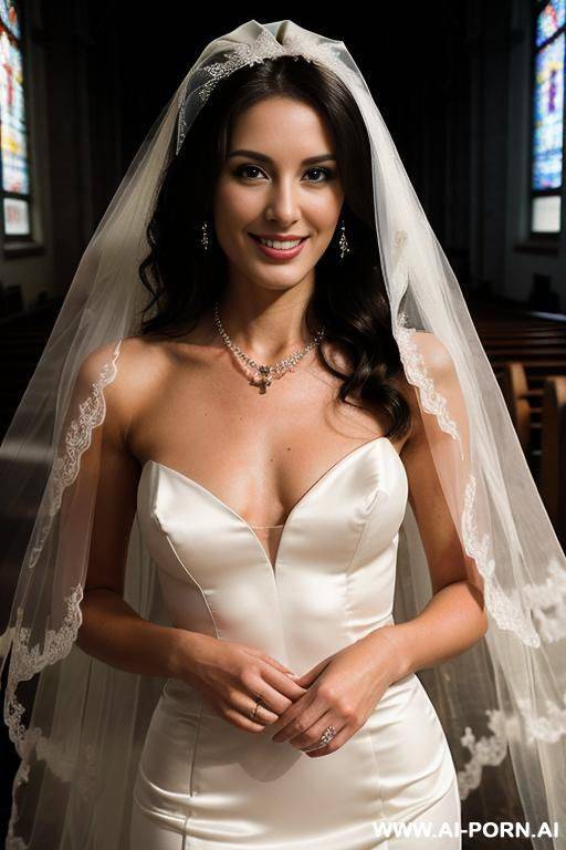 ((naked bride)), ((bride veil)), (pretty face), (beautiful woman), (soft alluring smile), (necklace), (light tan), (natural boobs), (wedding), (naked) - #main