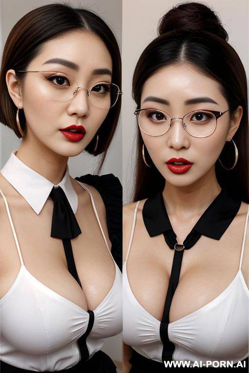 2 korean women with big eyeglasses, raised eyebrows, (((raised eyebrows))) (ahegao) (nice hair) (dress skirt) (((extremely beautiful))) (((full lips))) (hoop earrings) (hair accessories) (((hourglass figures))) ((very pretty clean faces)) (((2 women))) - #main