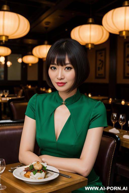 green chinese split dress with collar and short sleeves - #main