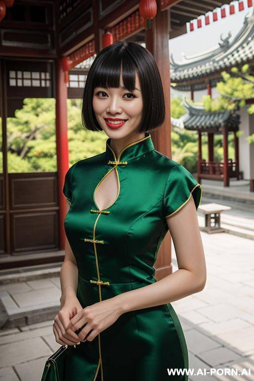 green chinese split dress with collar and short sleeves standing in chinese garden - #main