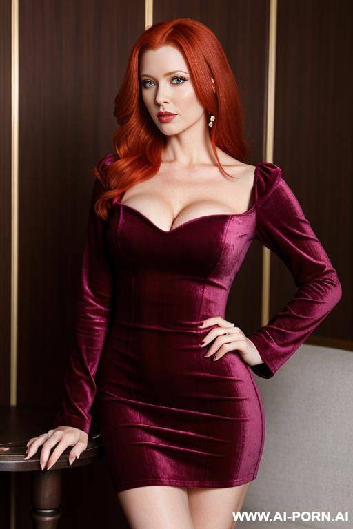 busty redhead mature in asymmetric one sleeve bodycoon velvet dress - #main
