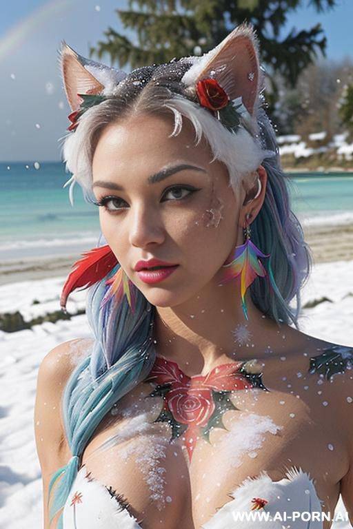 face, sexy, beautiful, ((face painting)), ((bikini as seashell)), ((tattoo roses)), ((eyes shw)), ((angel wings)), ((rainbow hair)), ((long bu hair)), ((wind)), (( cat face)), (( cat ears)), (((feather - #main