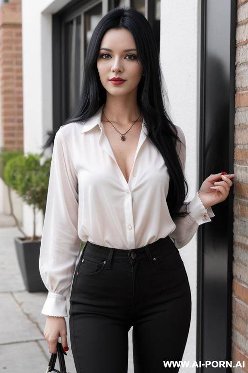woman long black hair red blouse jeans selfie - #main