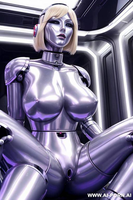 blonde robot, (fully silver metallic body, huge robotic tits, damaged silicone face), sitting in a spaceship - #main