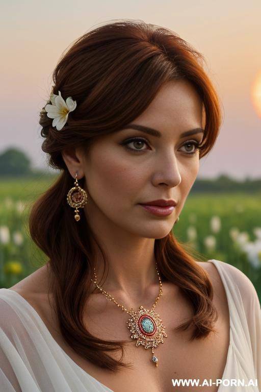 mature, milf, perfect hourglass figure, eye contact, looking into camera, necklace, earrings, bracelets, wearing flowers, totally naked - #main