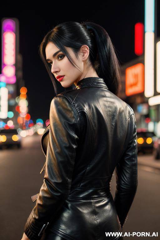 leather jacket, city street at night , high ponytail , full body view from behind far away, neon city lights - #main