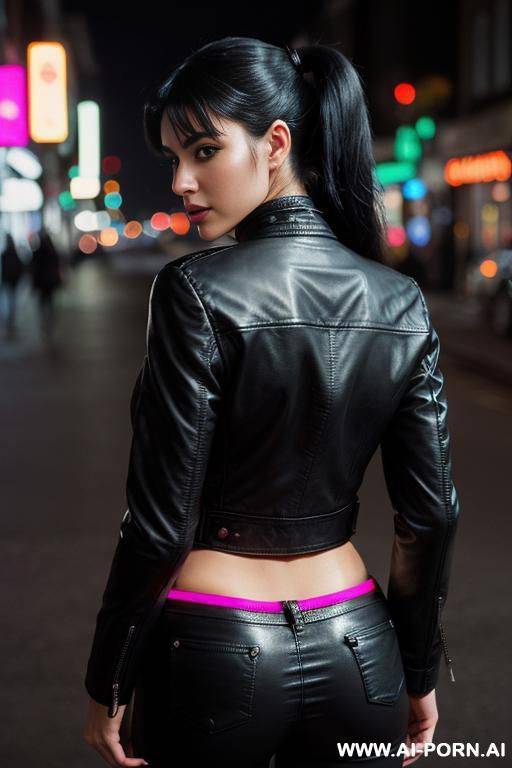 leather jacket, city street at night , high ponytail , full body view from behind, neon city lights - #main