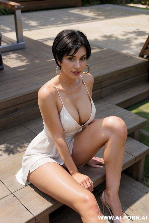 (((full body shot))), hoop earings, eyeliner, (stylish pixie haircut), (seductive smirk), (most beautiful women ever), (sexy milf), photorealistic image of an alluring woman sitting on the wooden - #main