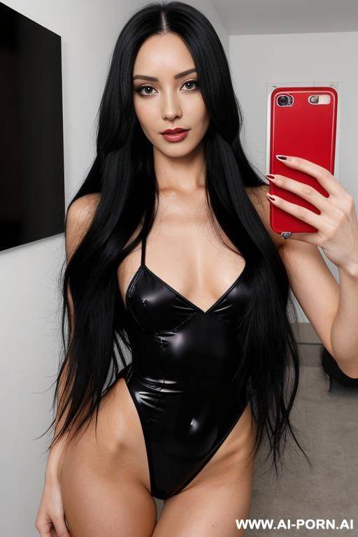woman long hair red bodysuit selfie - #main